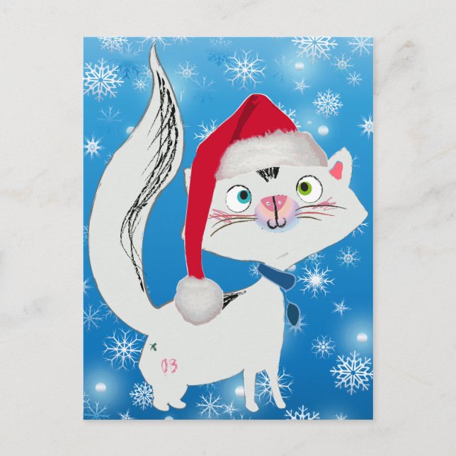 Snowy the Cat with Santa Hat Holiday Postcard (Front)