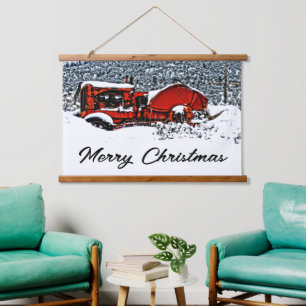 Snowy Tractor Christmas  Hanging Tapestry