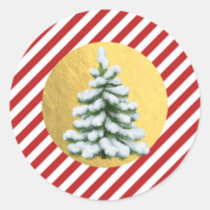 Snowy Tree Christmas Red Stripes Gold Foil Classic Round Sticker