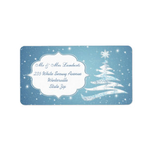 Snowy tree, snowflakes on blue Christmas Gift tag