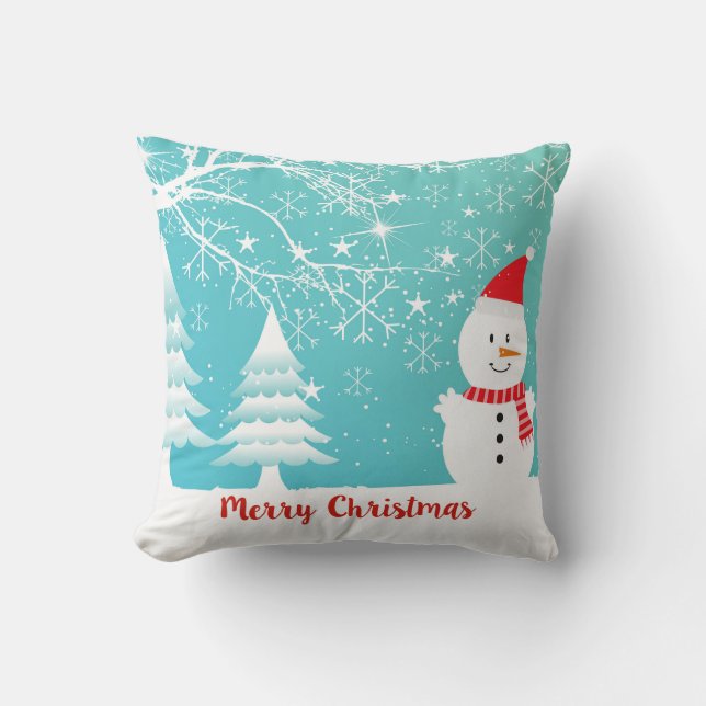 Snowy Trees Snowman And Snowflakes Cushion (Front)