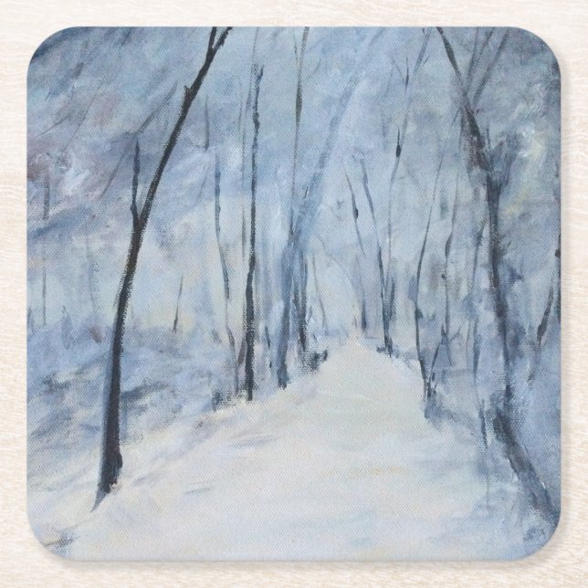 Snowy Trees Winters Day Square Paper Coaster (Front)