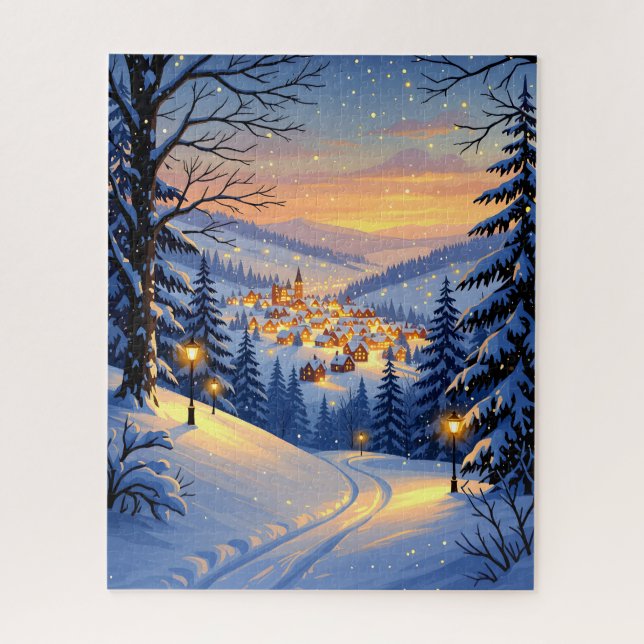 Snowy Village at Sunset with Glowing Street Lamps Jigsaw Puzzle (Vertical)