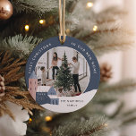Snowy Village | First Christmas in Our New Home Ceramic Tree Decoration<br><div class="desc">Celebrate your first Christmas in your new home with this beautiful custom holiday ornament featuring a sweet snowy village illustration in soft pastel tones. "First Christmas in Our New Home" curves around your photo, with the year inscribed on one of the village houses. Personalise with your family name, and add...</div>
