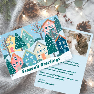 Snowy Village Illustration Cute CUSTOM Photo Holiday Card