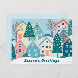 Snowy Village Illustration Cute Season's Greetings Holiday Postcard