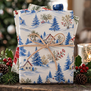 Snowy Village Scarlet Poinsettia Vintage Wrapping Paper Sheet