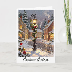 Snowy Village Street with Decorated Lamp Post  Holiday Card