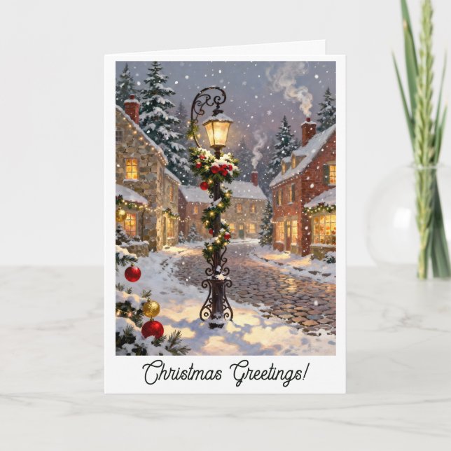 Snowy Village Street with Decorated Lamp Post  Holiday Card (Front)