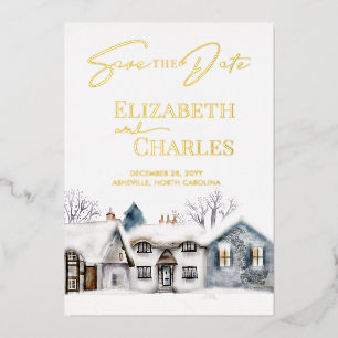 Snowy Village Town Whimsical Wedding Save The Date