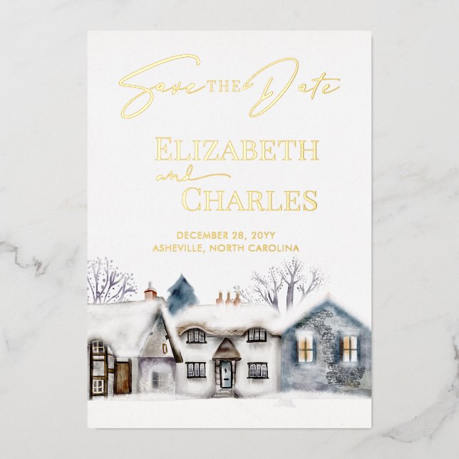 Snowy Village Town Whimsical Wedding Save The Date (Front)