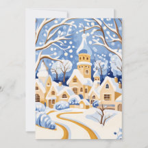 Snowy Village Twilight Christmas Card