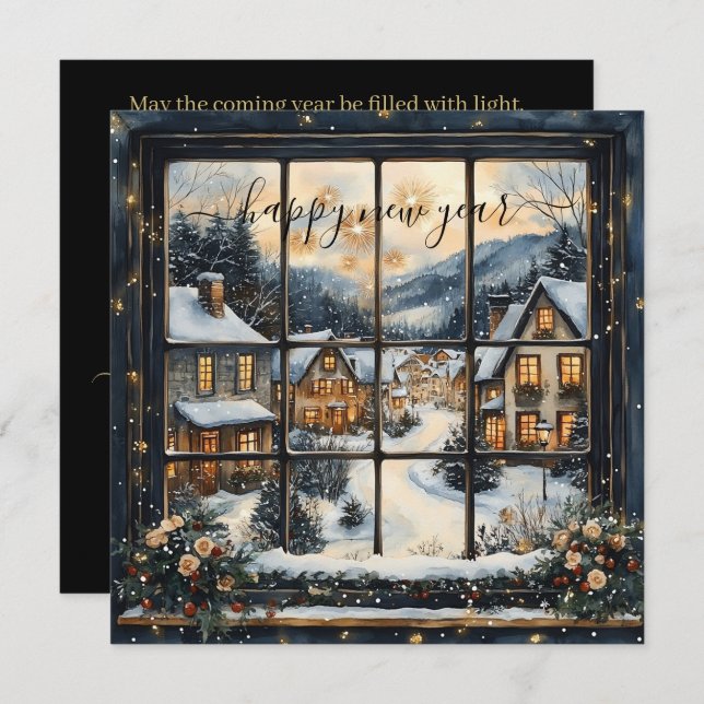 Snowy Village Window Scene with New Year Greeting Holiday Card (Front/Back)