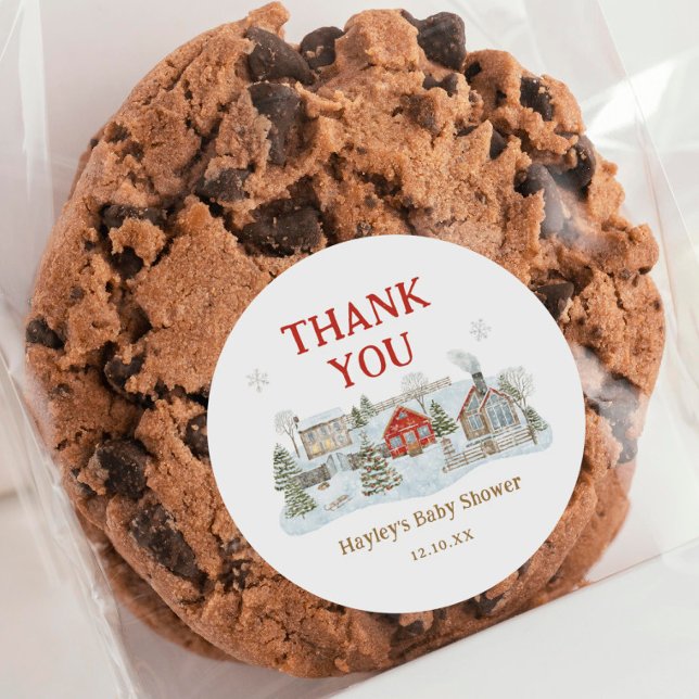 Snowy Village Winter Holiday Thank You Classic Round Sticker (Creator Uploaded)