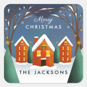 Snowy Village Winter Scene Christmas Square Sticker