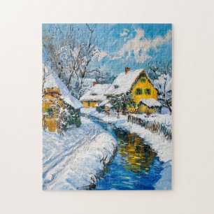 Snowy Village with Stream and Trees Fantasy Painti Jigsaw Puzzle