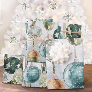 Snowy Vintage Hanging Green Glass Ornaments Wrapping Paper Sheet