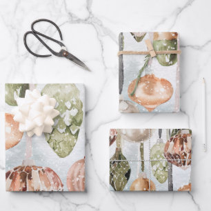 Snowy Vintage Hanging Pink & Green Glass Ornaments Wrapping Paper Sheet