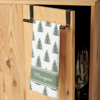 Snowy Watercolor Christmas Tree Pattern Tea Towel