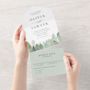 Snowy Watercolor Evergreen Forest Wedding All In One Invitation