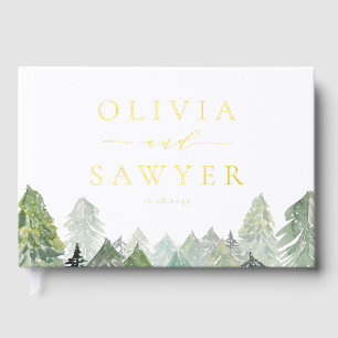Snowy Watercolor Evergreen Forest Winter Wedding Guest Book