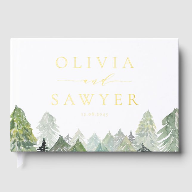 Snowy Watercolor Evergreen Forest Winter Wedding Guest Book (Front)