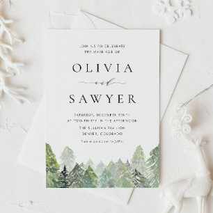 Snowy Watercolor Evergreen Winter Wedding QR Code Invitation