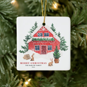 Snowy Watercolor Red Cottage and Rabbits Christmas Ceramic Ornament