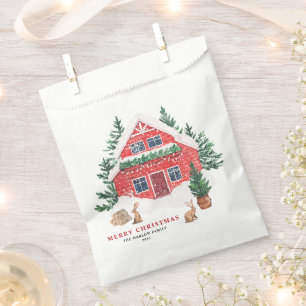 Snowy Watercolor Red Cottage Woodland Christmas Favour Bags