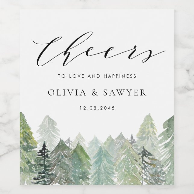 Snowy Watercolor Winter Evergreen Forest Wedding Wine Label (Single Label)