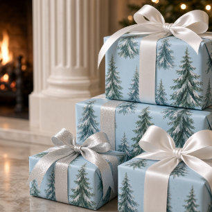 Snowy Watercolor Winter Pine Tree Light Blue  Wrapping Paper