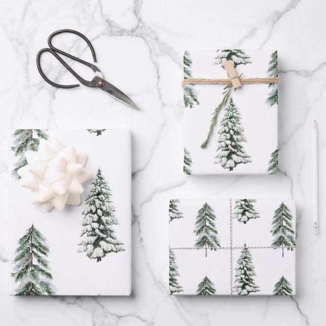 Snowy Watercolor Winter Woodland Trees Wrapping Paper Sheet (Front)