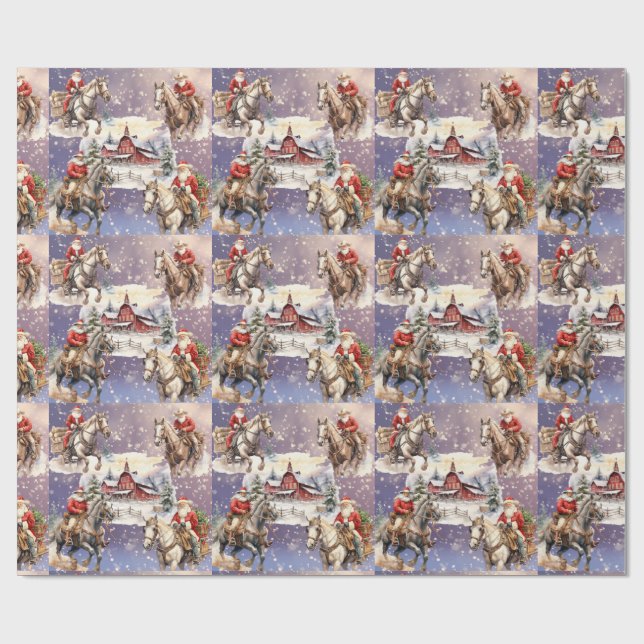 Snowy Western Christmas Horseback Santas, Red Barn Wrapping Paper (Flat)