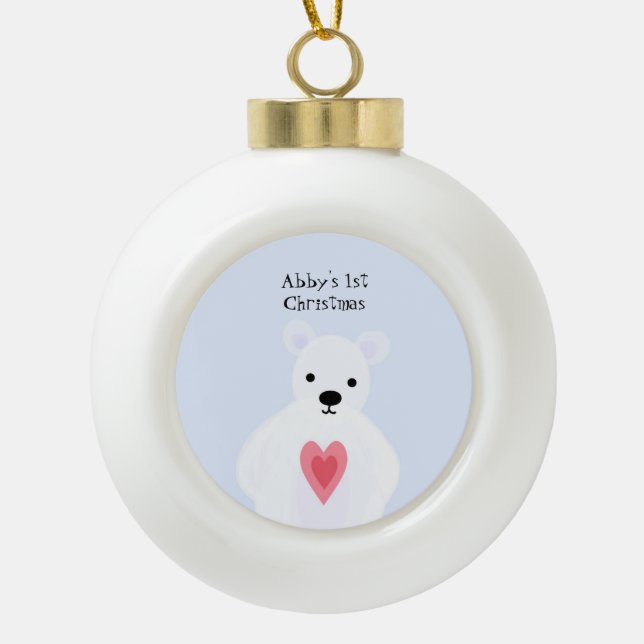 Snowy White Bear Ceramic Ball Christmas Ornament (Front)