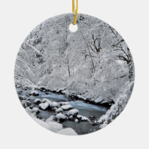 Snowy white creek scenic, Oregon Ceramic Tree Decoration