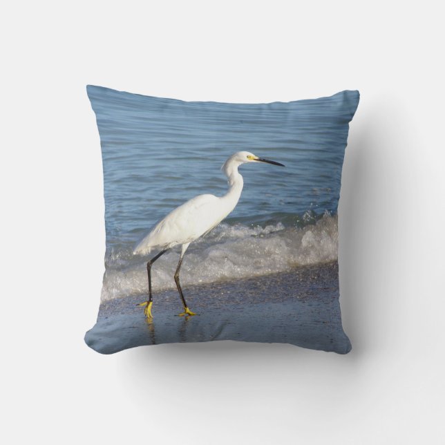 Snowy White Egret in Surf Cushion (Front)