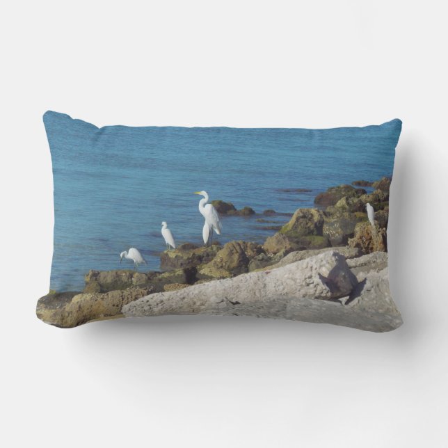 Snowy White Egret in Surf Outdoor Cushion (Front)