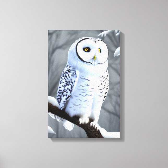Snowy White Owl On Tree Branch Canvas Print (Front)