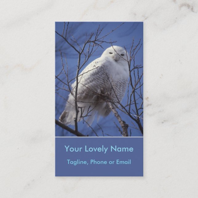 Snowy White Owl, White Arctic Bird, Sapphire Sky Business Card (Front)