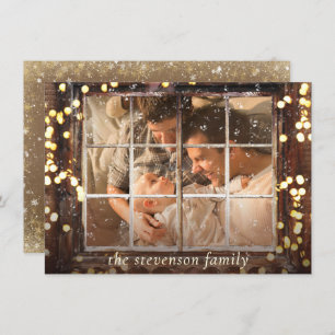 Snowy Window   Gold Bokeh Lights with Wood Photo Holiday Card