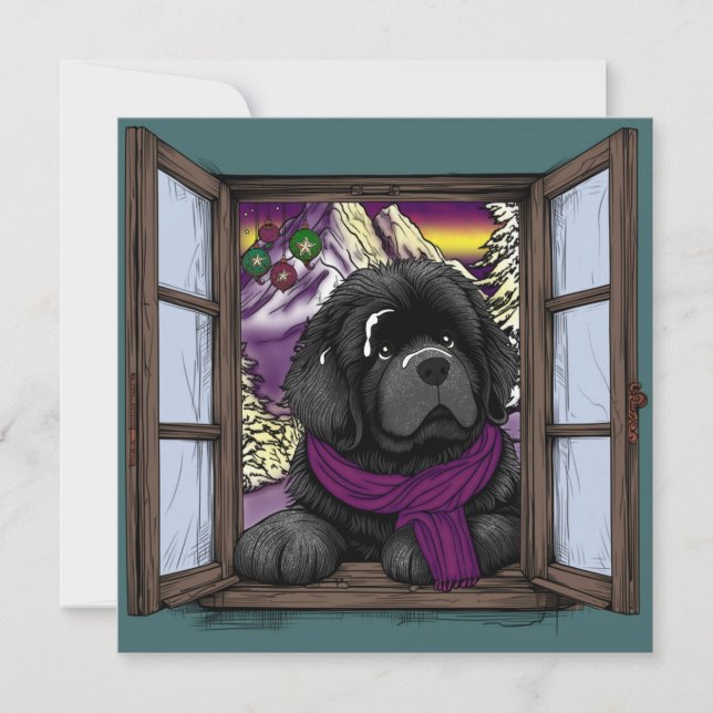 Snowy window puppy dog holiday card (Front)