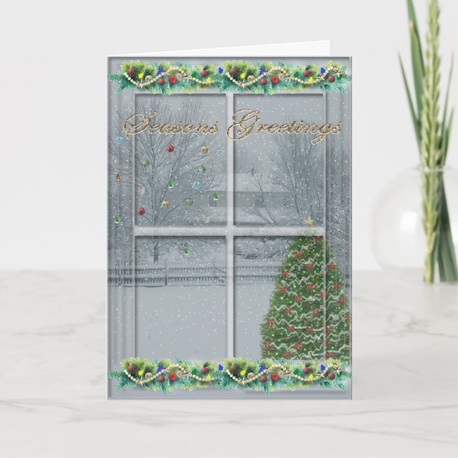 Snowy Window Seasons Greetings Card (Front)