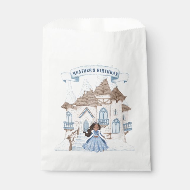 Snowy Winter African American Princess Birthday Favour Bags (Front)