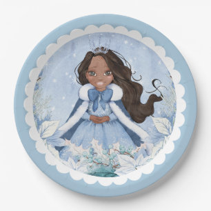 Snowy Winter African American Princess Birthday Paper Plate