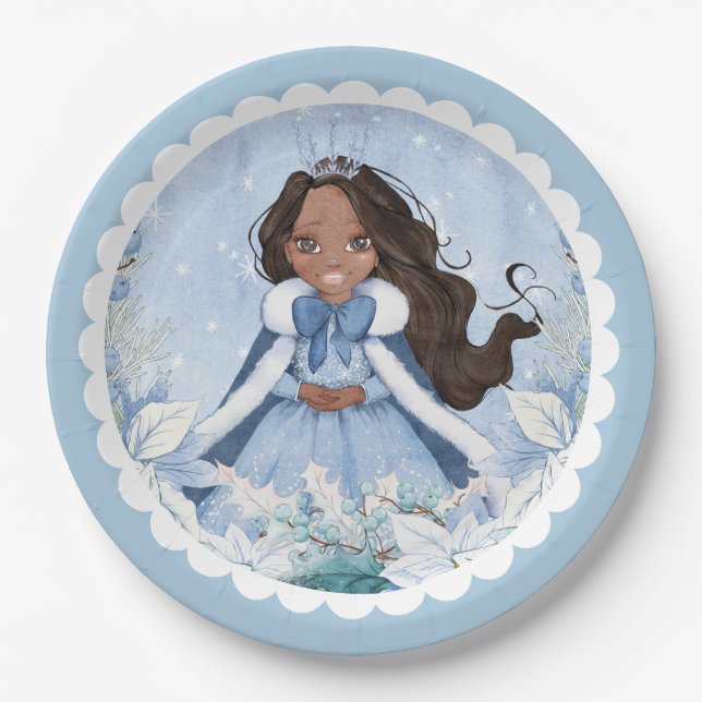 Snowy Winter African American Princess Birthday Paper Plate (Front)