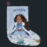 Snowy Winter African American Princess Small Christmas Stocking<br><div class="desc">This adorable snowy winter Princess stocking features a beautiful young African American princess with black hair wearing a blue and white snowflake gown and warm fur lined cape. The princess is surrounded by poinsettias. You can personalise with your princess's name!</div>