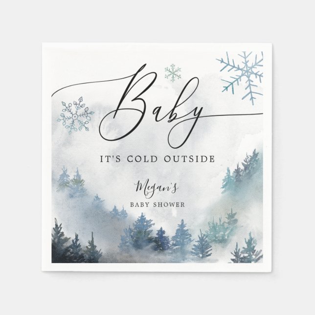 Snowy Winter Baby Shower Blue Snowflakes Napkin (Front)