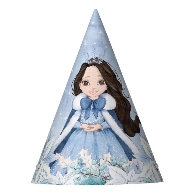 Snowy Winter Black Hair Princess Party Hat (Front)