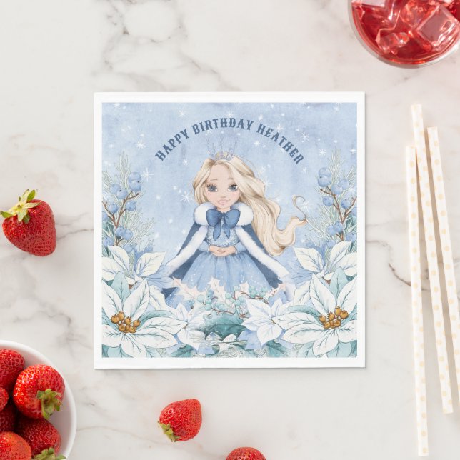 Snowy Winter Blonde Princess Birthday Napkin (Insitu)