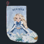 Snowy Winter Blonde Princess Small Christmas Stocking<br><div class="desc">This adorable snowy winter Princess stocking features a beautiful young princess with blonde hair wearing a blue and white snowflake gown and warm fur lined cape. The princess is surrounded by poinsettias. You can personalise with your princess's name!</div>